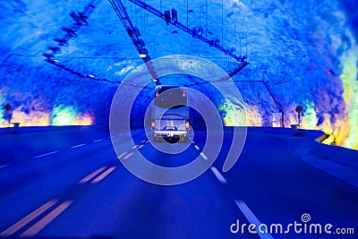 Bus in Laerdal tunnel, Norway Stock Photo