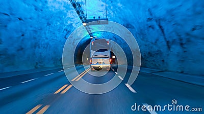 Bus in Laerdal tunnel, Norway Stock Photo