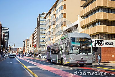 Bus in bus lane in city center. Editorial Stock Photo