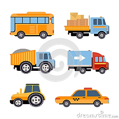 Bus, Lorry, Delivery Truck, Dump, Tractor and Taxi as Motor Vehicle and Urban Transport Vector Set Vector Illustration