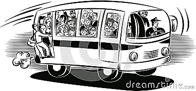 Bus overloaded with passengers traveling. Vector Illustration