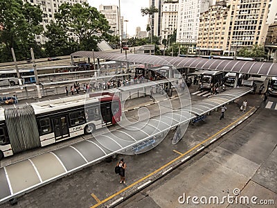 Bus and passenger movement of the Bandeira Bus Terminal Editorial Stock Photo