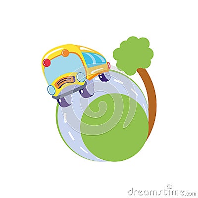 bus school transportation with road and tree plant Cartoon Illustration