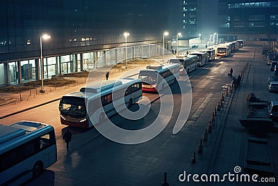 Bus station garage full with passenger buses at night. Stock Photo