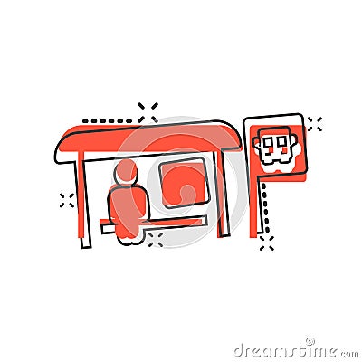 Bus station icon in comic style. Auto stop cartoon vector illustration on white isolated background. Autobus vehicle splash effect Vector Illustration