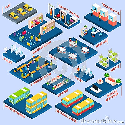 Bus Station Isometric Vector Illustration