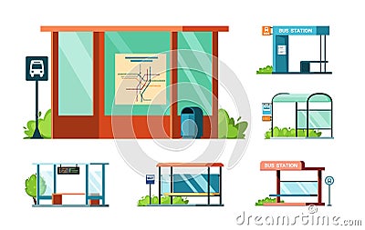 bus station. municipal city buildings outdoor stop station for urban transport. Vector flat illustrations Vector Illustration