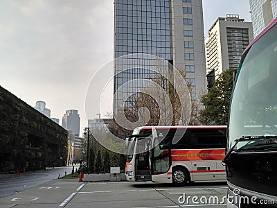 Bus station, parking Bus at umeda sky building with cloudy sky, Osaka 2016 Editorial Stock Photo
