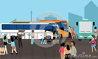 Bus station stop busy people crowd transport city street terminal transportation Vector Illustration