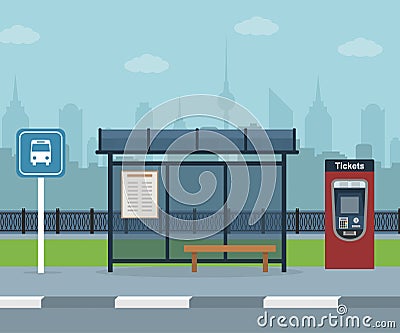 Bus stop with city background . Vector Illustration