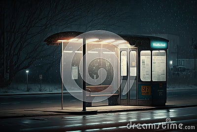 a bus stop with a flickering street light, surrounded by darkness Stock Photo