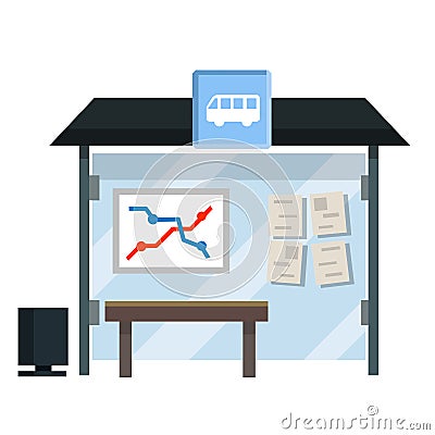 Bus stop. Glass facade and bench. Schedule of public transport. Element of urban landscape Vector Illustration