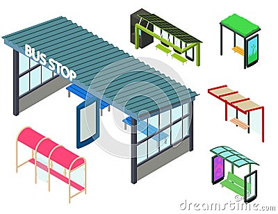 Bus stop icons set, isometric style Vector Illustration