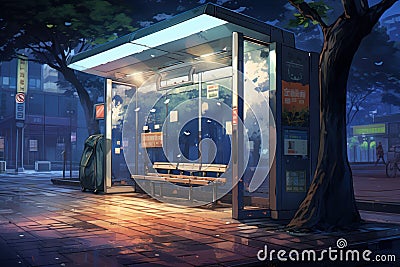Bus stop lights night anime visual novel game. Generate Ai Stock Photo