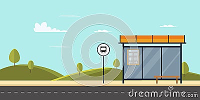 Bus stop on main street city.Public park with bench and bus stop with sky Vector Illustration