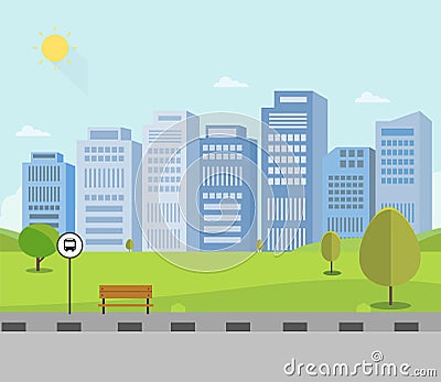 Bus stop on main street with nature park and city background.Public park with buidings.Beautiful cityscape Vector Illustration