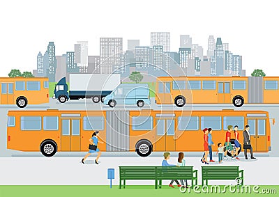 Bus stop with passengers Vector Illustration