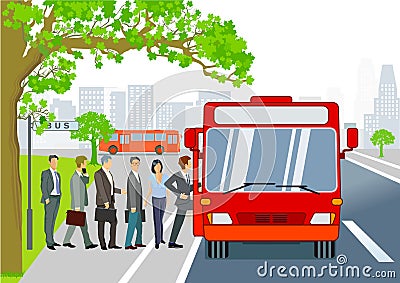 Bus stop with passengers getting on bus Vector Illustration