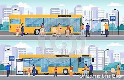 Bus stop with passengers. Public bus for transporting passengers. Vector illustration Vector Illustration