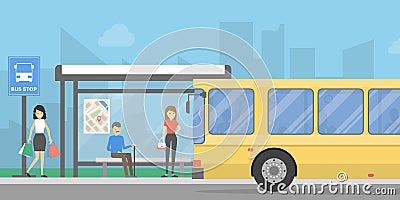 Bus stop with people. Vector Illustration