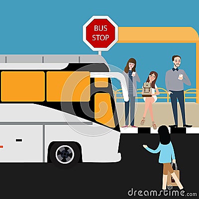 Bus stop people waiting inline travel city public transportation Stock Photo