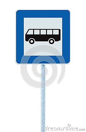 Bus stop road sign on post pole, roadside traffic signage, large detailed blue frame, isolated commuter concept Stock Photo