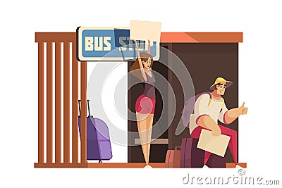 Bus Stop Tourists Composition Vector Illustration