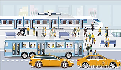 Bus stop with train station and fast train with passengers illustration Vector Illustration