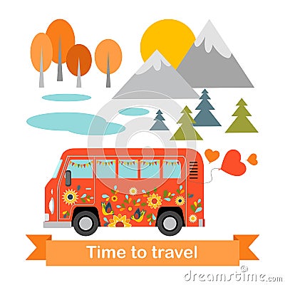 Bus tour. Cartoon hippie bus on a landscape background Vector Illustration