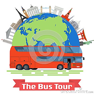 The Bus Tour of Europe and popular familiar landmarks Vector Illustration