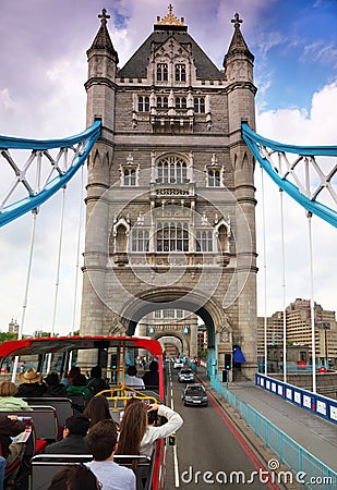 In bus on Tower Bridge in London. Editorial Stock Photo