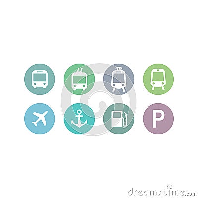 Bus, train, subway station, marine port vector symbols. Vector Illustration