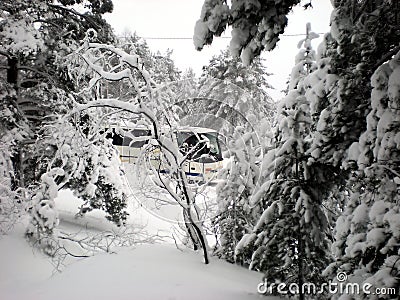 Bus transporting tourists in winter Stock Photo