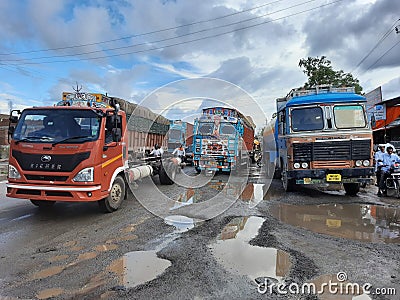 Bus And Truck Stuck at National Highway 3 in India Editorial Stock Photo