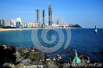 Busan, Korea - Haeundae beach and Dongbaekseom Stock Photo