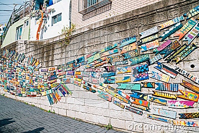 Colorful painted fish wall at Gamcheon Culture Village in Busan, Korea Editorial Stock Photo