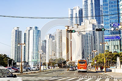 Busan, South Korea, 01/01/2018. Modern street on the waterfront with tall buildings Editorial Stock Photo