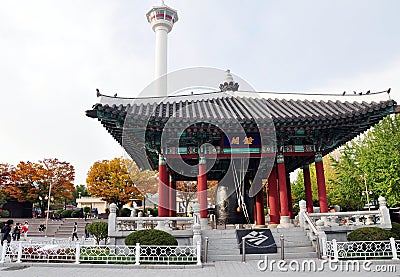 Busan tower & bell pavilion in Yongdusan park, Busan, South Korea Editorial Stock Photo