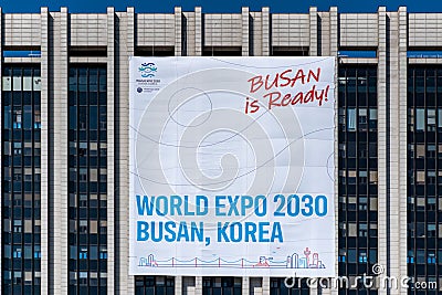 Busan World Expo 2030 candidature promotional banner in central Seoul Editorial Stock Photo