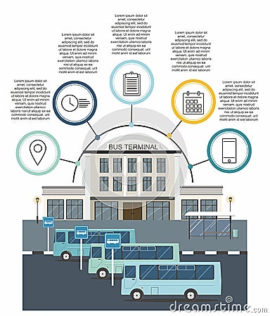 Buses at the bus terminal station. Transportation infographics. Flat vector Vector Illustration