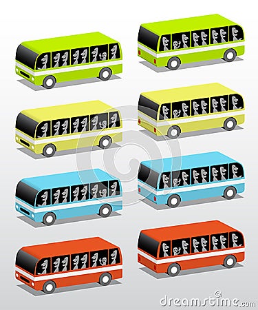 Buses in four colors Vector Illustration