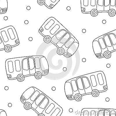 Buses, hand drawn backdrop. Black and white seamless pattern with transport Vector Illustration