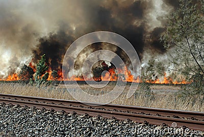 Bush fire beside railway line Stock Photo