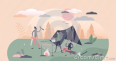 Bushcraft camping in outdoors with tent and fireplace tiny persons concept Vector Illustration