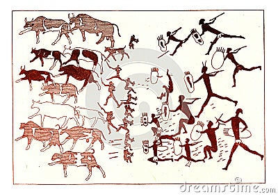 Bushmen defending against the Cafres who pursue them a herd of stolen oxen, vintage engraving Cartoon Illustration