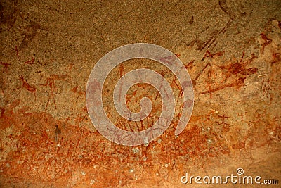 Bushmen rock painting of human figures and antelopes, giraffe of the Matopos National Park, Zimbabwe Stock Photo