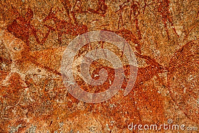 Bushmen rock painting of human figures and antelopes, giraffe of the Matopos National Park, Zimbabwe Stock Photo