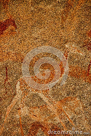 Bushmen rock painting of human figures and antelopes, giraffe of the Matopos National Park, Zimbabwe Stock Photo