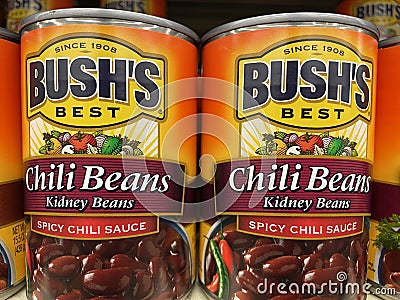 Bushs canned beans ona retail shelf hot chili Editorial Stock Photo