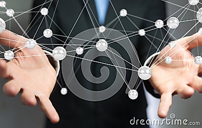 Businesman using flying network balls connection 3D rendering Stock Photo